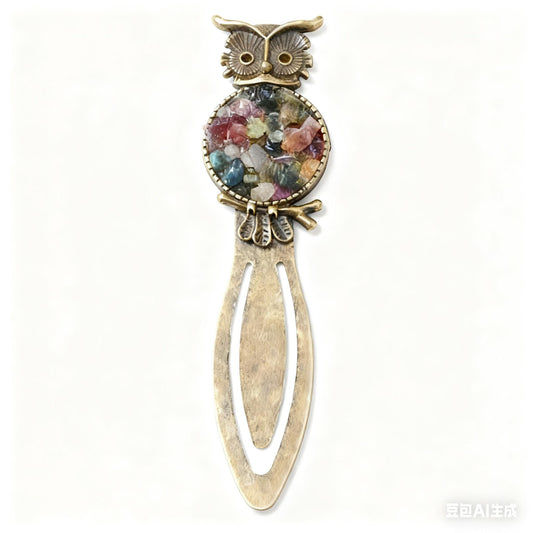 Irregular Crystal Chips Owl Bookmark Tree of Life Bookmark with Unique Gemstone Inlays and Elegant Brass Finish